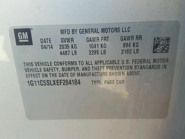 1G11C5SLXEF284184 - 2014 CHEVROLET MALIBU 1LT SILVER photo 10