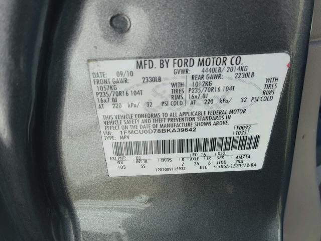 1FMCU0D78BKA39642 - 2011 FORD ESCAPE XLT SILVER photo 10