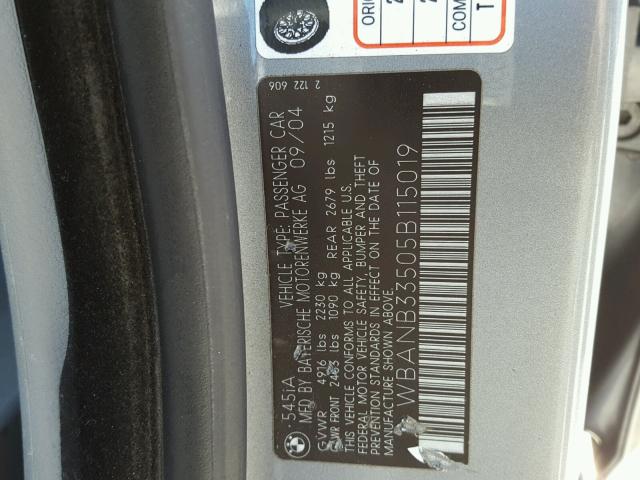 WBANB33505B115019 - 2005 BMW 545 SILVER photo 10