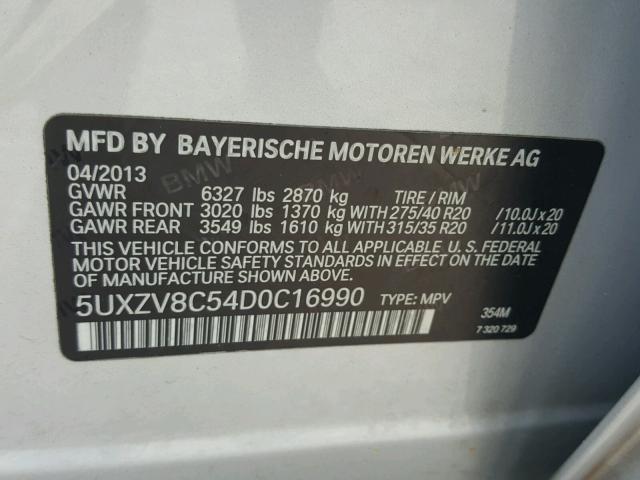 5UXZV8C54D0C16990 - 2013 BMW X5 XDRIVE5 SILVER photo 10