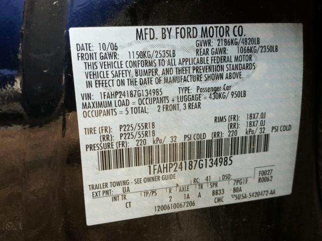 1FAHP24187G134985 - 2007 FORD FIVE HUNDR BLACK photo 10