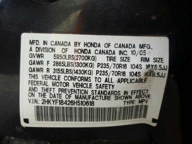 2HKYF18426H510618 - 2006 HONDA PILOT GRAY photo 10