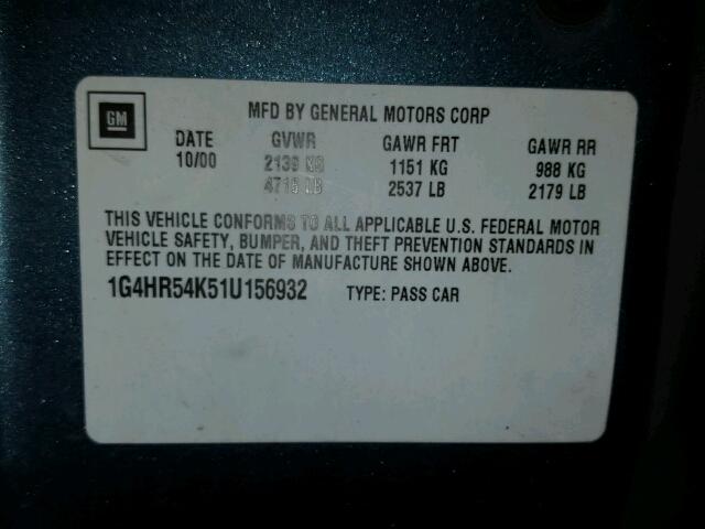 1G4HR54K51U156932 - 2001 BUICK LESABRE LI BLUE photo 10