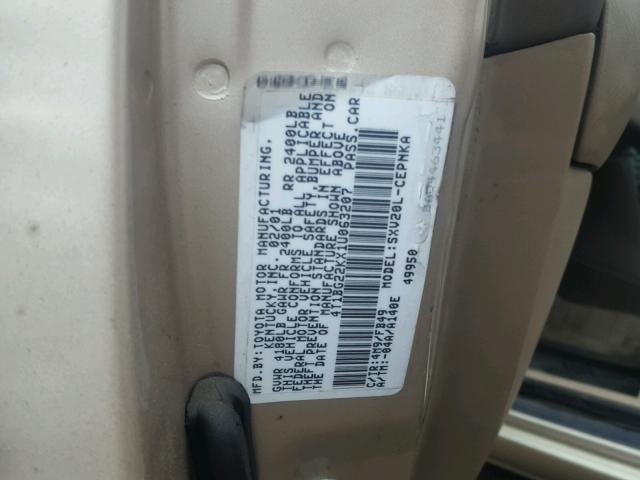 4T1BG22KX1U063207 - 2001 TOYOTA CAMRY CE BEIGE photo 10