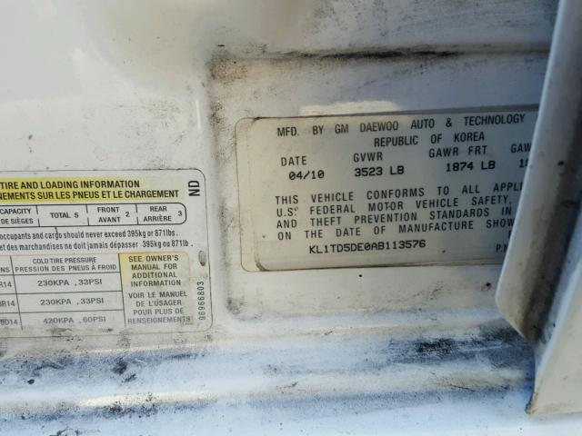 KL1TD5DE0AB113576 - 2010 CHEVROLET AVEO LS 白色 照片 10