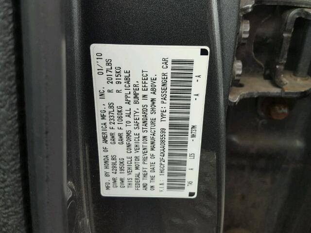 1HGCP2F4XAA085599 - 2010 HONDA ACCORD GRAY photo 10