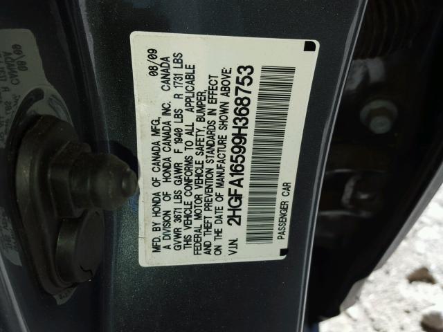 2HGFA16599H368753 - 2009 HONDA CIVIC CHARCOAL photo 10