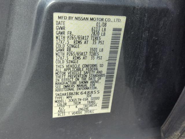 5N1AR18B28C648855 - 2008 NISSAN PATHFINDER GRAY photo 10