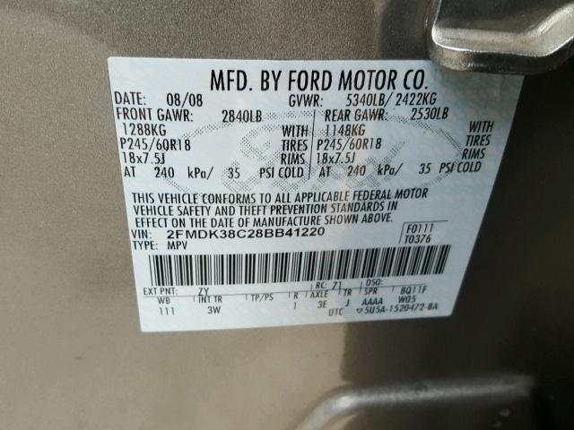 2FMDK38C28BB41220 - 2008 FORD EDGE SEL SILVER photo 10