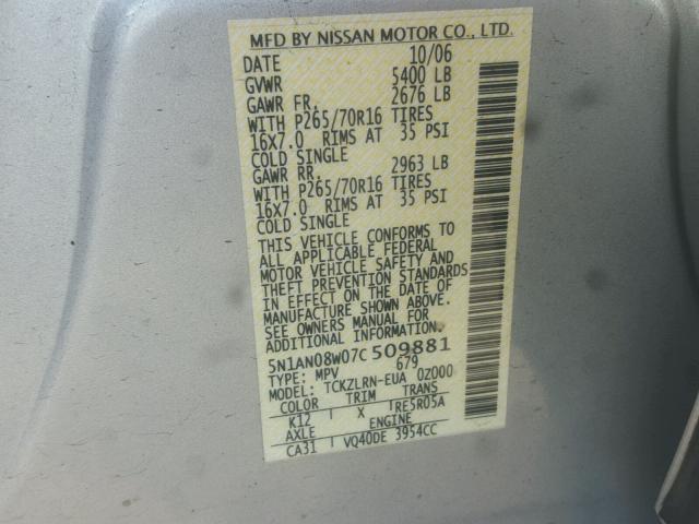 5N1AN08W07C509881 - 2007 NISSAN XTERRA SILVER photo 10