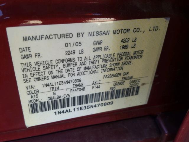 1N4AL11E35N470809 - 2005 NISSAN ALTIMA S BURGUNDY photo 10