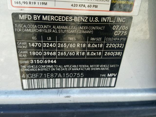 4JGBF71E87A150755 - 2007 MERCEDES-BENZ GL SILVER photo 10