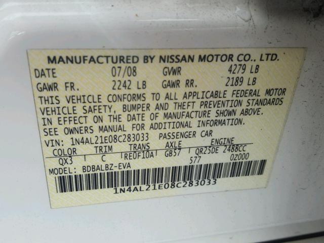 1N4AL21E08C283033 - 2008 NISSAN ALTIMA 2.5 WHITE photo 10