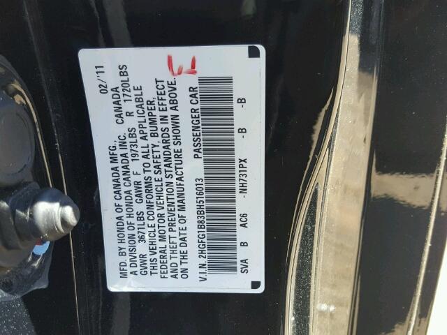 2HGFG1B83BH516013 - 2011 HONDA CIVIC EX BLACK photo 10