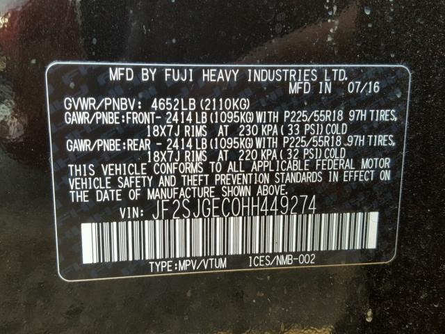 JF2SJGEC0HH449274 - 2017 SUBARU FORESTER 2 BLACK photo 10