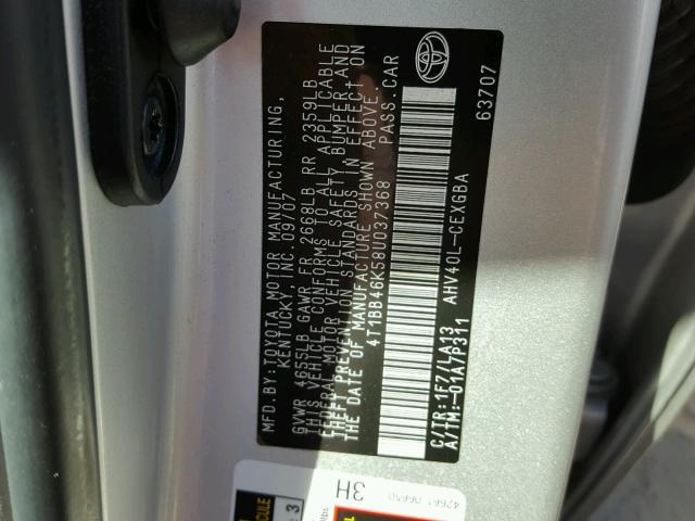 4T1BB46K58U037368 - 2008 TOYOTA CAMRY SILVER photo 10