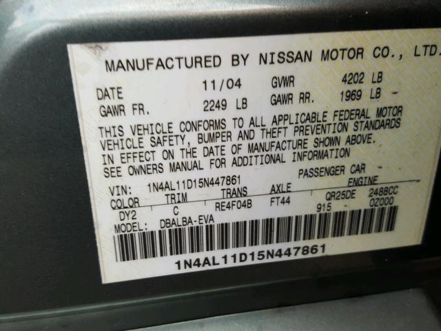 1N4AL11D15N447861 - 2005 NISSAN ALTIMA S GREEN photo 10