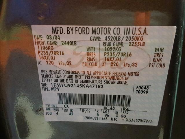 1FMYU93145KA47183 - 2005 FORD ESCAPE GRAY photo 10