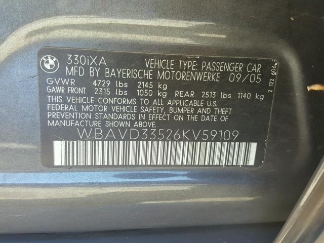 WBAVD33526KV59109 - 2006 BMW 330 XI Grafitowy zdjęcie 10