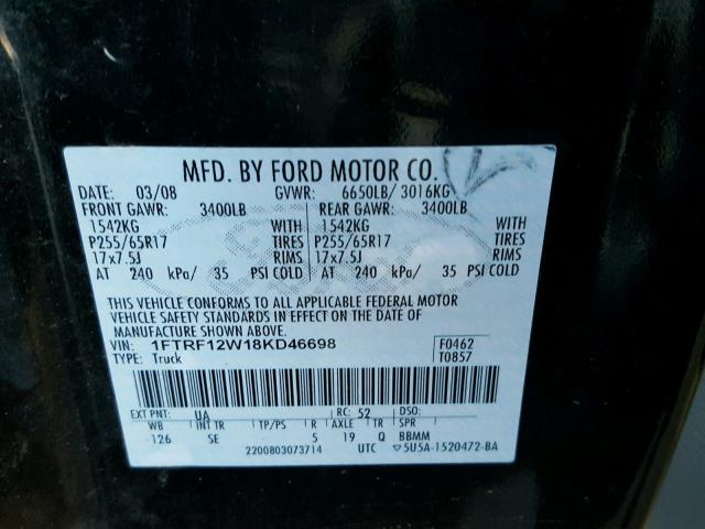 1FTRF12W18KD46698 - 2008 FORD F150 BLACK photo 10