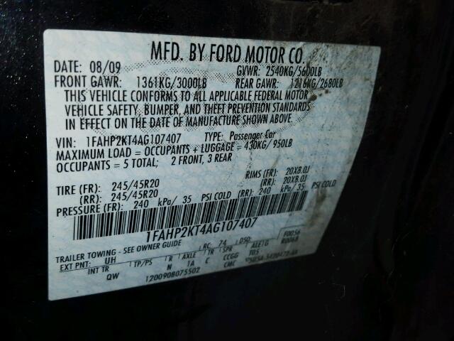 1FAHP2KT4AG107407 - 2010 FORD TAURUS BLACK photo 10