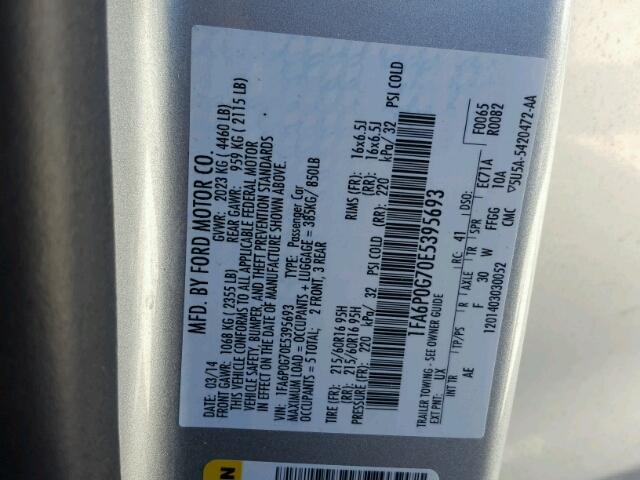 1FA6P0G70E5395693 - 2014 FORD FUSION SILVER photo 10