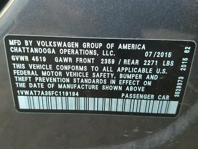 1VWAT7A35FC119194 - 2015 VOLKSWAGEN PASSAT S ნაცრისფერი ფოტო 10