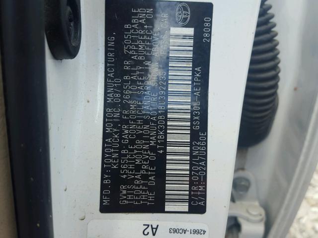 4T1BK3DB1BU392235 - 2011 TOYOTA AVALON BAS WHITE photo 10