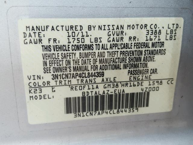 3N1CN7AP4CL844359 - 2012 NISSAN VERSA SILVER photo 10