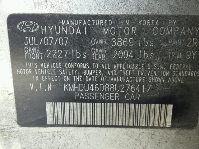 KMHDU46D88U276417 - 2008 HYUNDAI ELANTRA GL SILVER photo 10