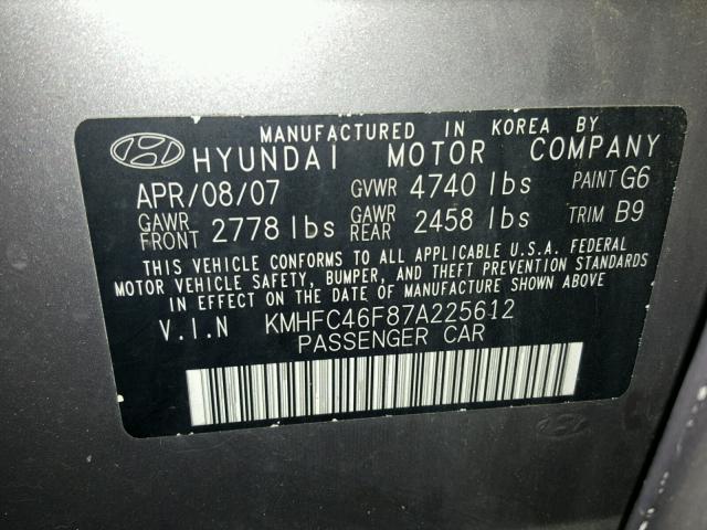 KMHFC46F87A225612 - 2007 HYUNDAI AZERA SE SILVER photo 10