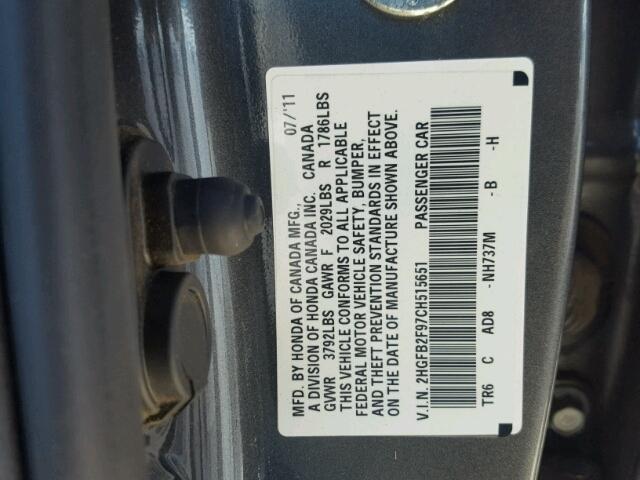 2HGFB2F97CH515651 - 2012 HONDA CIVIC EXL 石墨色 照片 10