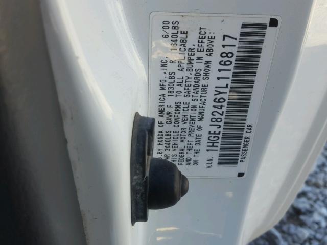 1HGEJ8246YL116817 - 2000 HONDA CIVIC EX WHITE photo 10