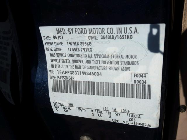 1FAFP38311W346004 - 2001 FORD FOCUS ZTS BLUE photo 10