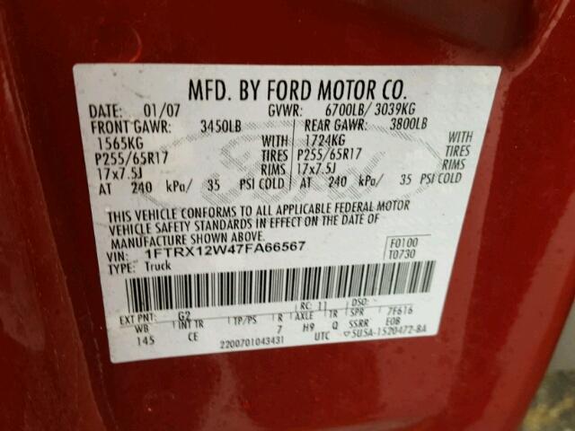 1FTRX12W47FA66567 - 2007 FORD F150 RED photo 10