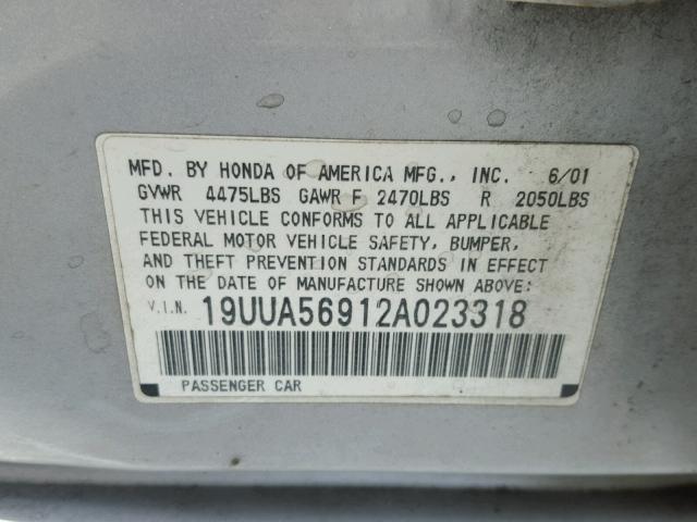 19UUA56912A023318 - 2002 ACURA 3.2TL TYPE GRAY photo 10