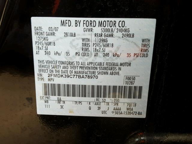 2FMDK39C77BA78970 - 2007 FORD EDGE SEL P BLACK photo 10