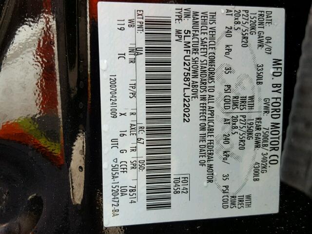 5LMFU27587LJ22022 - 2007 LINCOLN NAVIGATOR Czarny zdjęcie 10