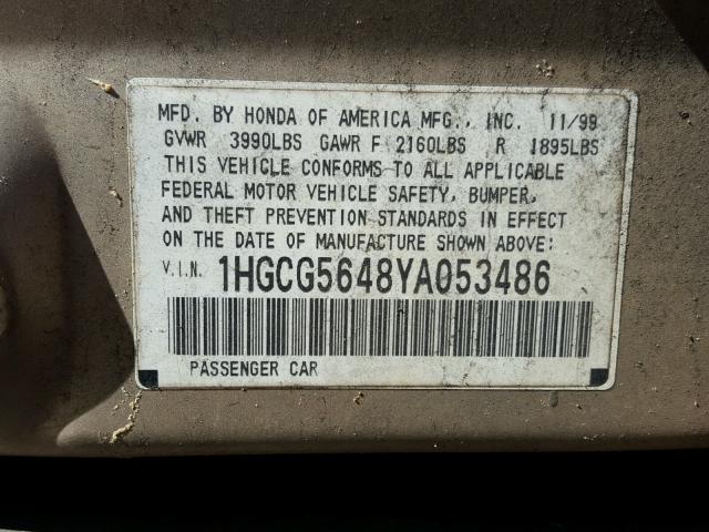 1HGCG5648YA053486 - 2000 HONDA ACCORD BEIGE photo 8