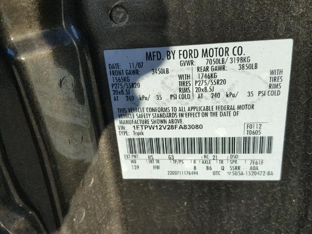 1FTPW12V28FA83080 - 2008 FORD F150 BROWN photo 10