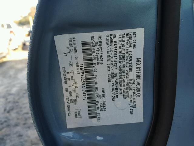 1FAFP53255A174217 - 2005 FORD TAURUS SE BLUE photo 10