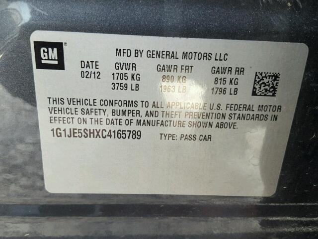 1G1JE5SHXC4165789 - 2012 CHEVROLET SONIC GRAY photo 10