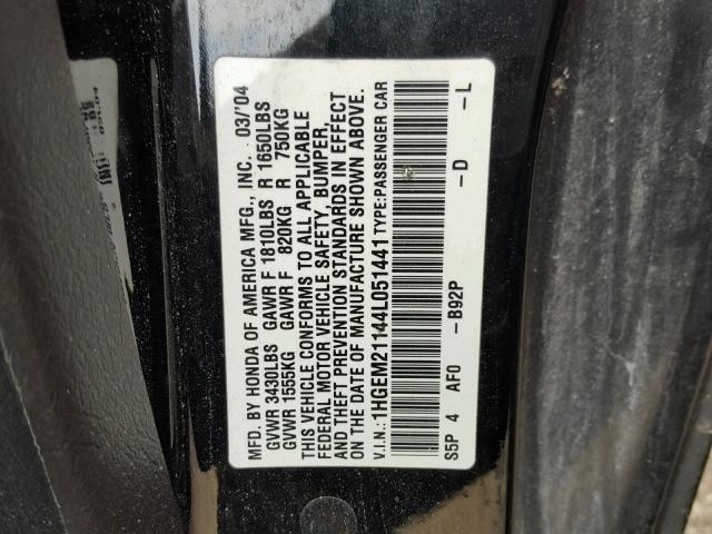 1HGEM21144L051441 - 2004 HONDA CIVIC BLACK photo 10