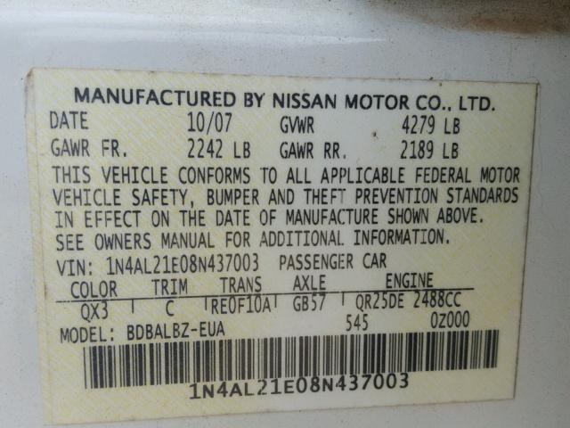 1N4AL21E08N437003 - 2008 NISSAN ALTIMA WHITE photo 10