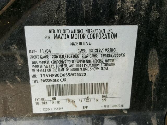 1YVHP80D655M25520 - 2005 MAZDA 6 S BLACK photo 10