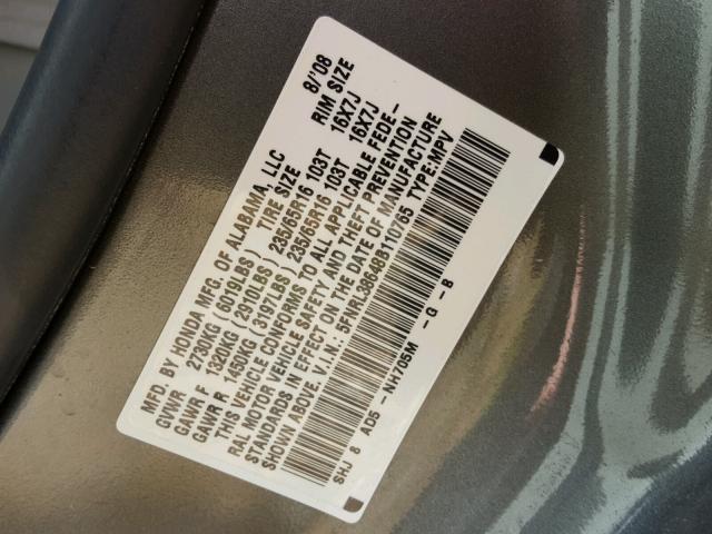 5FNRL38648B110765 - 2008 HONDA ODYSSEY EX GRAY photo 10