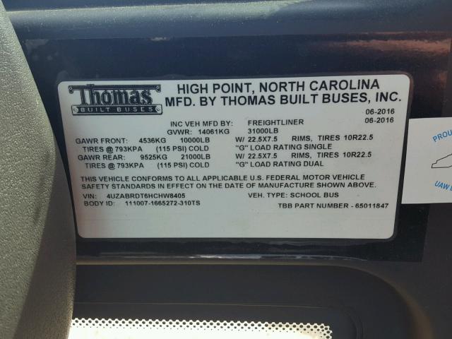4UZABRDT6HCHW8405 - 2017 FREIGHTLINER CHASSIS B2 黄色 照片 10