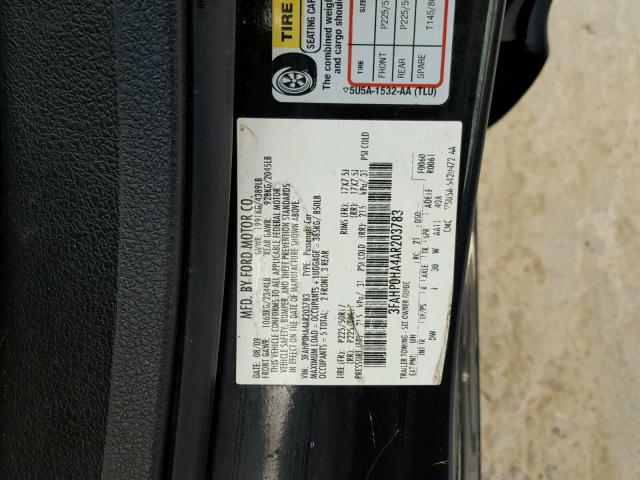 3FAHP0HA4AR203783 - 2010 FORD FUSION SE BLACK photo 10