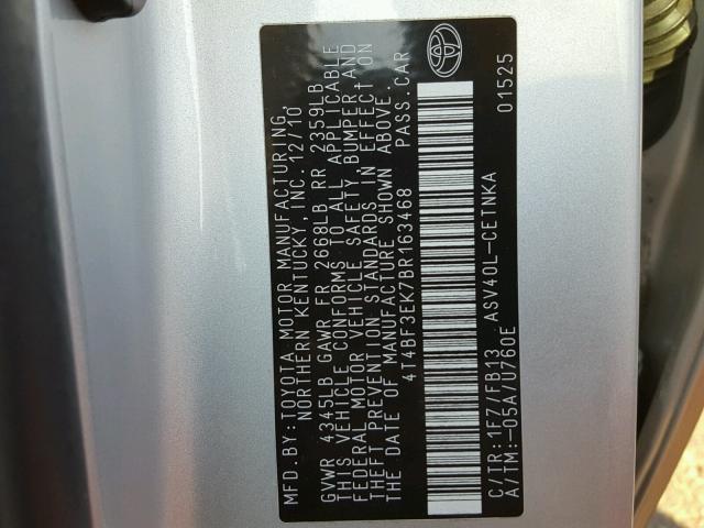 4T4BF3EK7BR163468 - 2011 TOYOTA CAMRY BASE SILVER photo 10