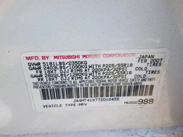 JA4MT41X77Z010455 - 2007 MITSUBISHI OUTLANDER WHITE photo 10